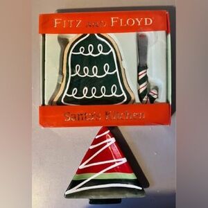 Fitz and Floyd Santa's Kitchen Bell Shape Snack Plate and Spreader Tree Plate